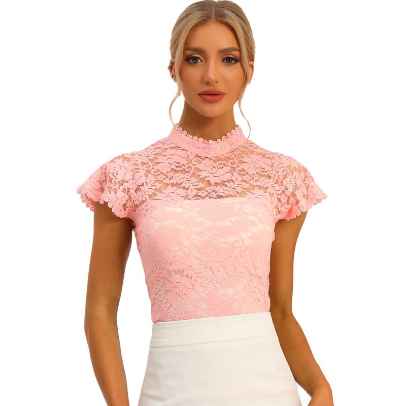 アレグラ ケー レディース トップス シャツ セミシアー フラワー柄 シアー ブラウス レース フラワー ALLEGRA K Women's Elegant Floralace Blouse Short Sleeve Keyhole Back Fitted Semi Sheer Topinks|ReVida 店