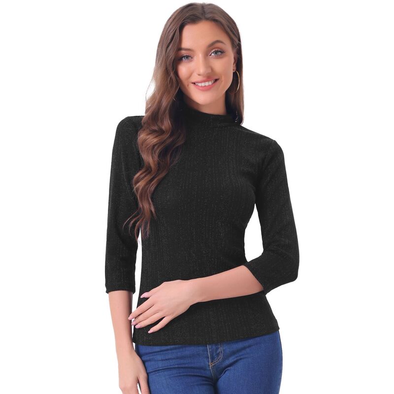 アレグラ ケー レディース トップス シャツ トール ALLEGRA K Women's Party Glitter 3/4 Sleeve Shiny Striped Metallic Tops Black ブラック｜ReVida 店
