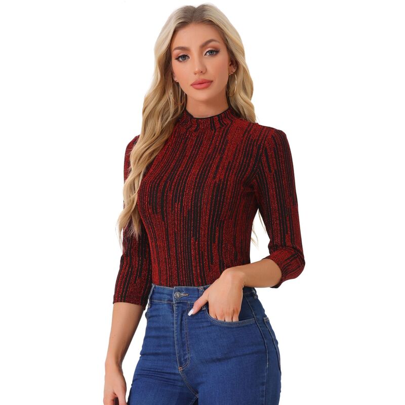 アレグラ ケー レディース トップス シャツ トール ALLEGRA K Women's Party Glitter 3/4 Sleeve Shiny Striped Metallic Tops Red レッド｜ReVida 店