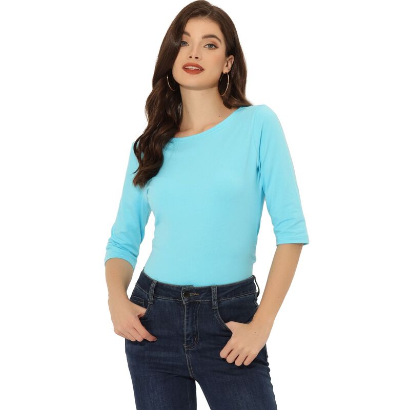 アレグラ ケー レディース トップス シャツ スリムフィット ALLEGRA K Women's Elbow Sleeves Boat Neck Slim Fit Classic Tee Aqua Blue ブルー