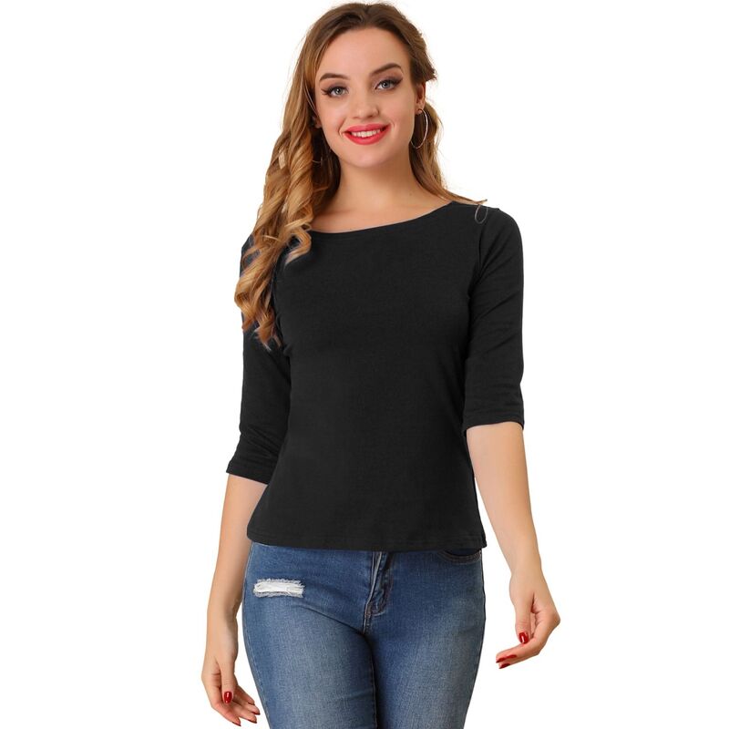 アレグラ ケー レディース トップス シャツ スリムフィット ALLEGRA K Women's Elbow Sleeves Boat Neck Slim Fit Classic Tee Black ブラック