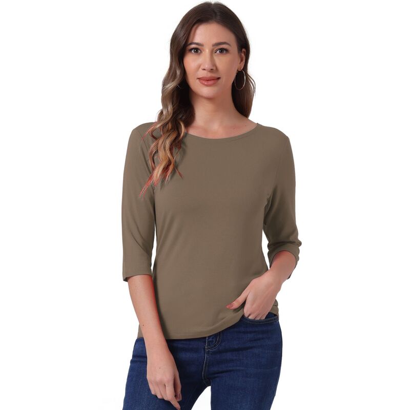アレグラ ケー レディース トップス シャツ スリムフィット ALLEGRA K Women's Elbow Sleeves Boat Neck Slim Fit Classic Tee Camel キャメル|ReVida 店