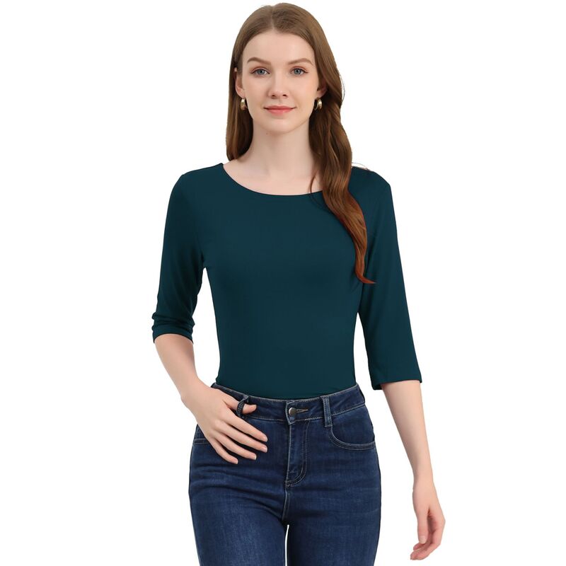 アレグラ ケー レディース トップス シャツ スリムフィット ALLEGRA K Women's Elbow Sleeves Boat Neck Slim Fit Classic Tee Dark Green グリーン|ReVida 店