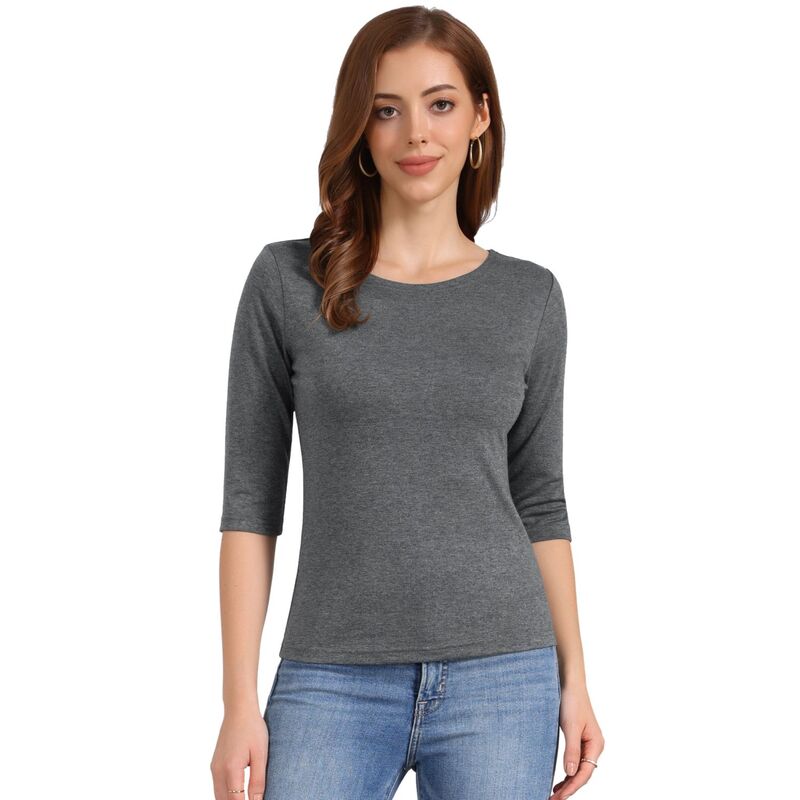 アレグラ ケー レディース トップス シャツ スリムフィット ALLEGRA K Women's Elbow Sleeves Boat Neck Slim Fit Classic Tee Dark Heather Gray グレー