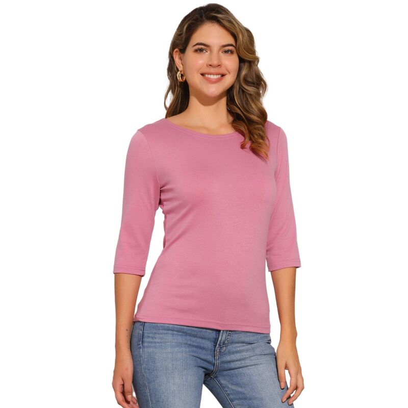 アレグラ ケー レディース トップス シャツ スリムフィット ALLEGRA K Women's Elbow Sleeves Boat Neck Slim Fit Classic Tee Dark Pink ピンク