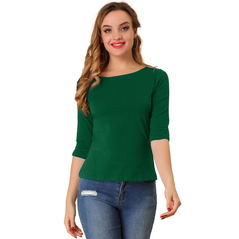 アレグラ ケー レディース トップス シャツ スリムフィット ALLEGRA K Women's Elbow Sleeves Boat Neck Slim Fit Classic Tee Deep Green グリーン