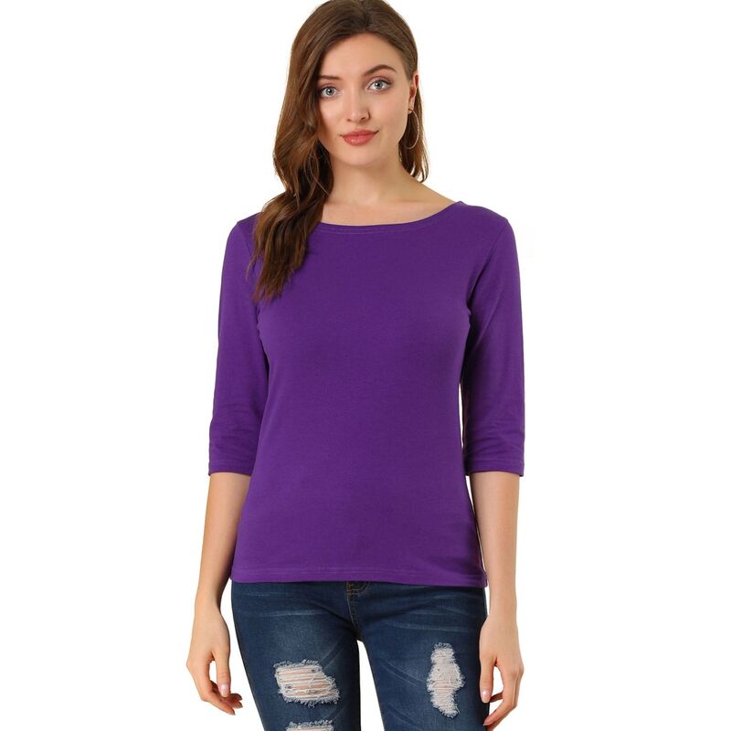 アレグラ ケー レディース トップス シャツ スリムフィット ALLEGRA K Women's Elbow Sleeves Boat Neck Slim Fit Classic Tee Deepurple パープル