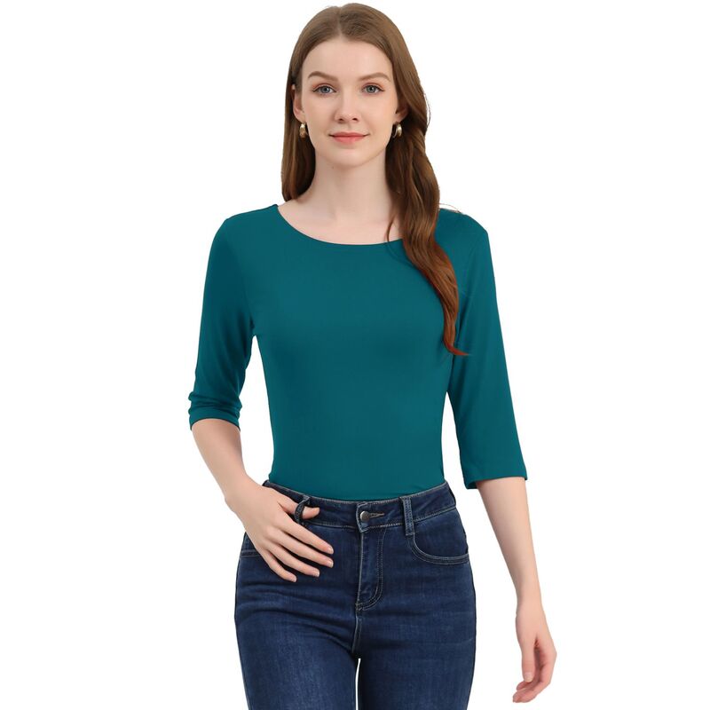 アレグラ ケー レディース トップス シャツ スリムフィット ALLEGRA K Women's Elbow Sleeves Boat Neck Slim Fit Classic Tee Peacock Blue ブルー|ReVida 店