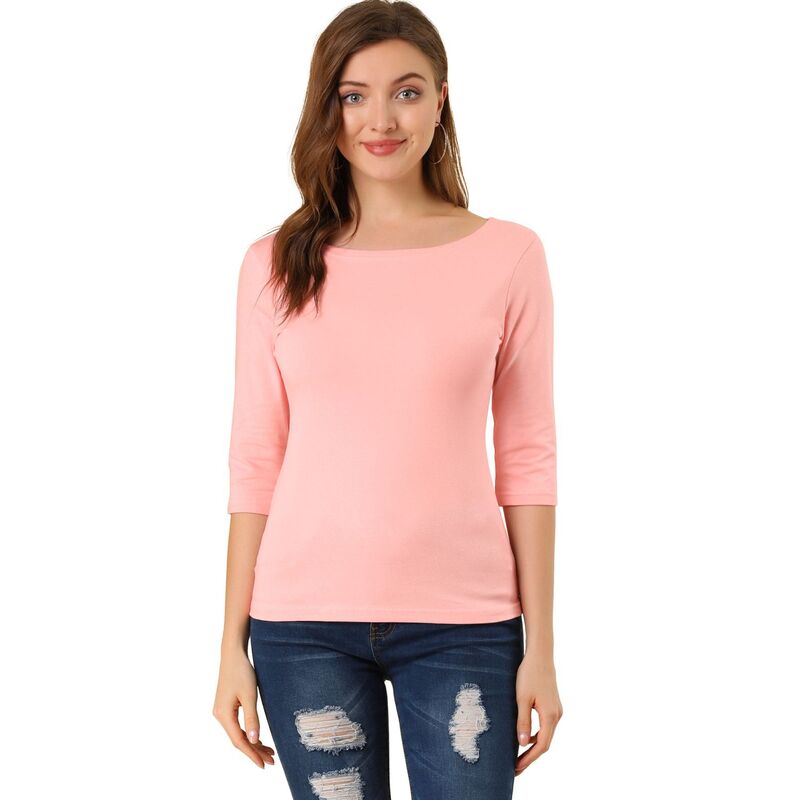 アレグラ ケー レディース トップス シャツ スリムフィット ALLEGRA K Women's Elbow Sleeves Boat Neck Slim Fit Classic Tee Pink ピンク