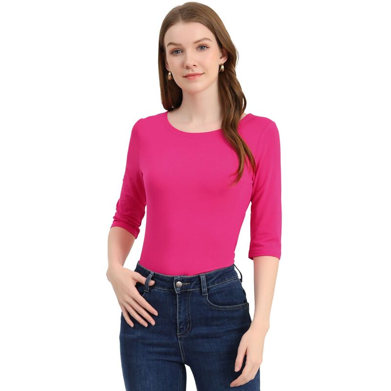 アレグラ ケー レディース トップス シャツ スリムフィット ALLEGRA K Women's Elbow Sleeves Boat Neck Slim Fit Classic Tee Rose Red レッド|ReVida 店