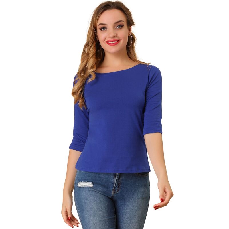 アレグラ ケー レディース トップス シャツ スリムフィット ALLEGRA K Women's Elbow Sleeves Boat Neck Slim Fit Classic Tee Royal Blue ブルー｜ReVida 店