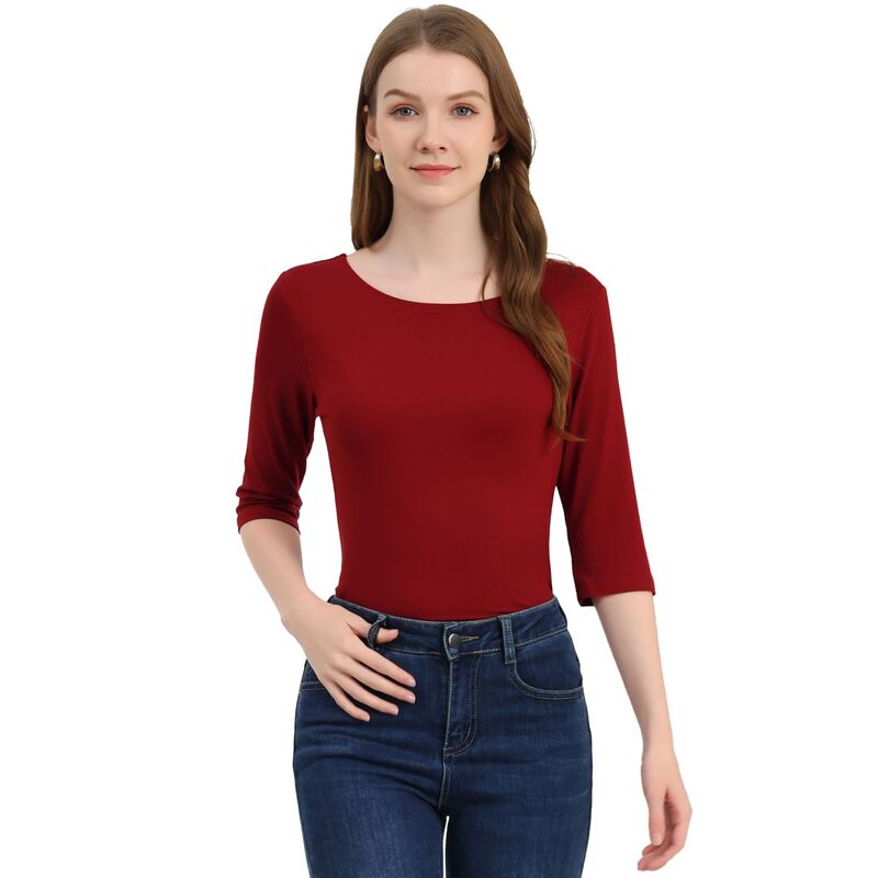 アレグラ ケー レディース トップス シャツ スリムフィット ALLEGRA K Women's Elbow Sleeves Boat Neck Slim Fit Classic Tee Wine Red レッド