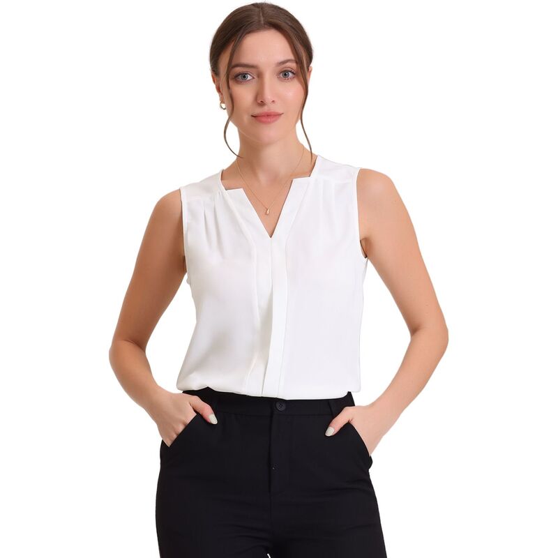アレグラ ケー レディース トップス シャツ Vネック シフォン ノースリーブラウス ALLEGRA K Women's Chiffon V Neck Sleeveless Blouse Tops Office Work Shirts White ホワイト|ReVida 店