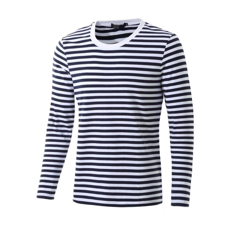 Lars Amadeus メンズ トップス Tシャツ クルーネック コットン Lars Amadeus Mentriped Crew Neck Long Sleeve T-shirt Cotton Pullover Top Navy Blue ネイビー