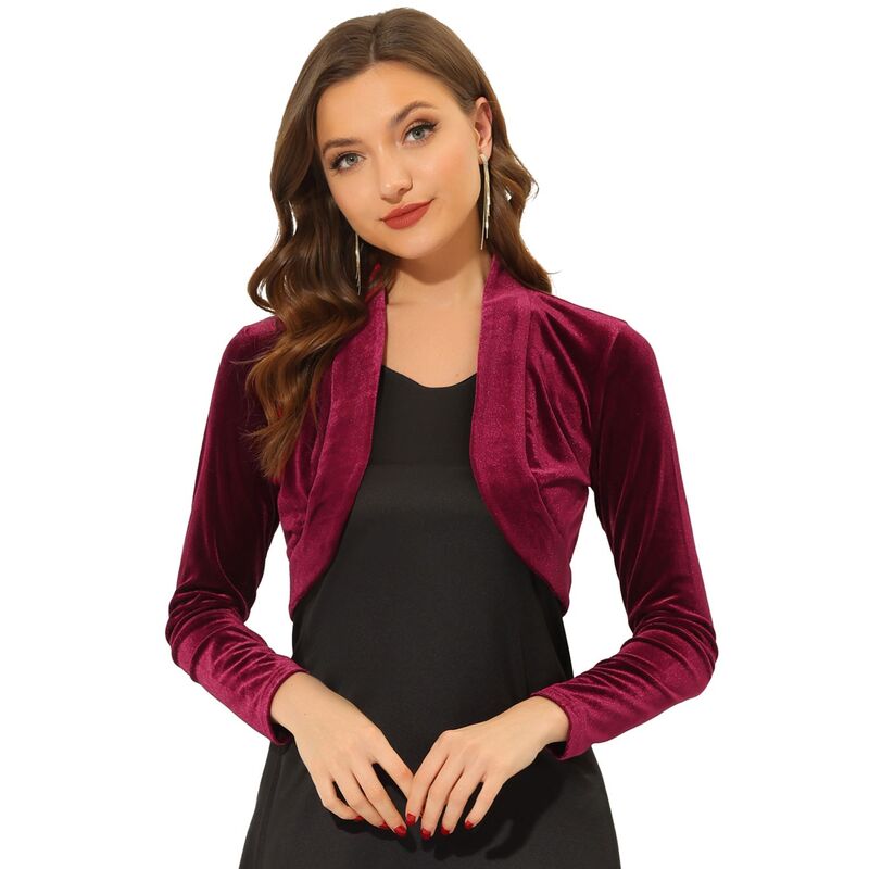 アレグラ ケー レディース トップス Tシャツ ベルベット クロップド ALLEGRA K Women's Long Sleeve Open Front Velvet Cropped Bolero Shrug Burgundy バーガンディ｜ReVida 店 9,735円
