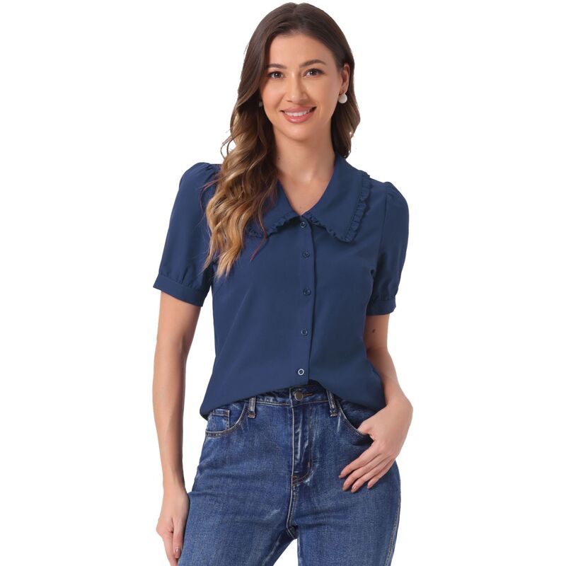アレグラ ケー レディース トップス シャツ ブラウス ALLEGRA K Women's Peter Pan Collar Shirt Puffy Short Sleevelegant Blouse Top Dark Blue ブルー
