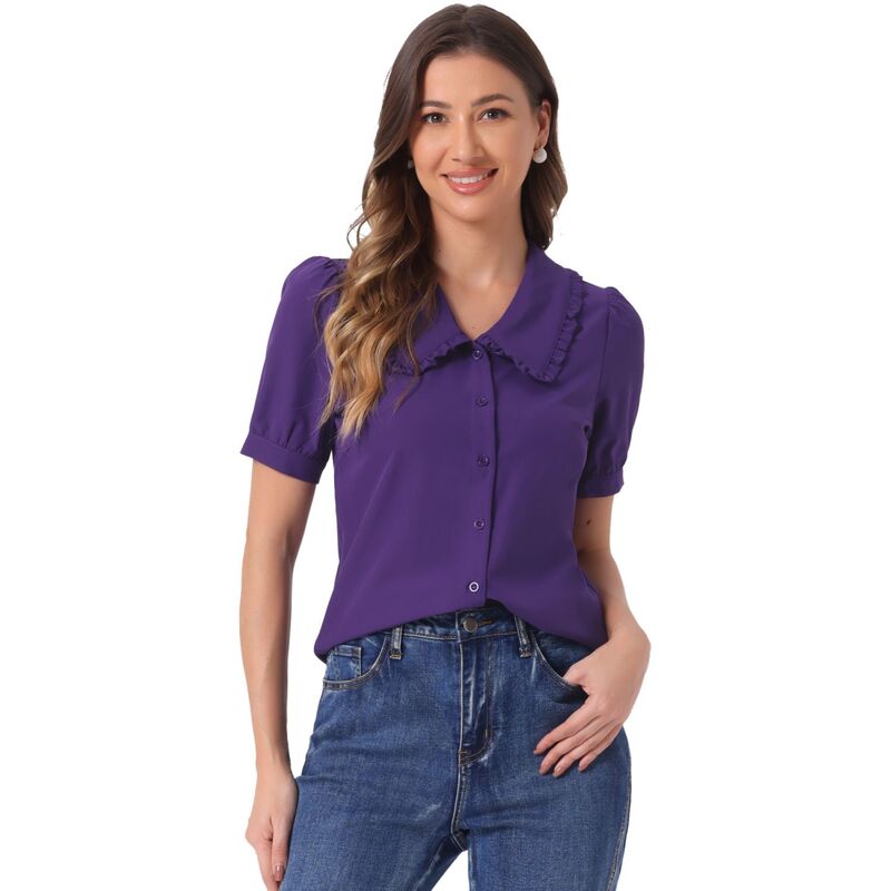 アレグラ ケー レディース トップス シャツ ブラウス ALLEGRA K Women's Peter Pan Collar Shirt Puffy Short Sleevelegant Blouse Top Dark Purple パープル｜ReVida 店