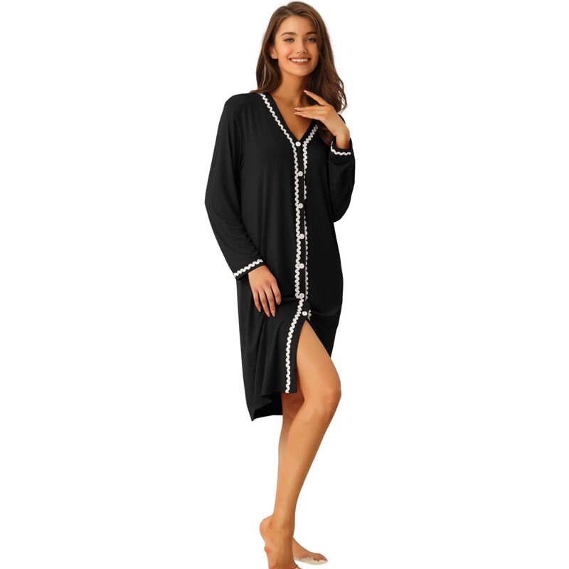 cheibear レディース アンダーウェア ナイトウェア ボタンダウン シャツ ダウン cheibear Womens Nightshirt Button Downightgown Long Sleeve Pajama Dressleepshirt Black ブラック