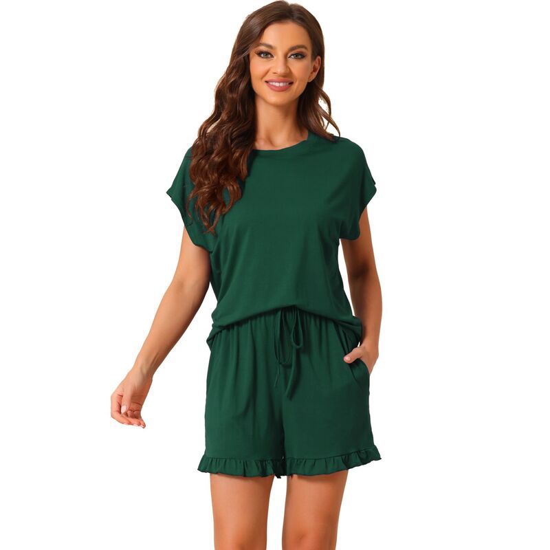 cheibear レディース アンダーウェア ナイトウェア フリル ショートパンツ cheibear Women's Pajama Ruffle Summer Outfitshort Sleeves Tops with Shorts Lounge Sets Green グリーン