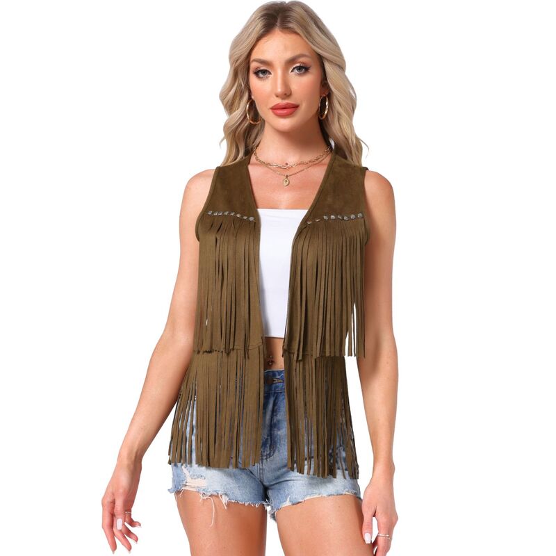 アレグラ ケー レディース アウター ニット・セーター ベスト スエード カーディガン フリンジ ALLEGRA K Women's Fringe Vest Open Front Outfits Faux Suede Tassel Cardigan Brown ブラウン｜ReVida 店