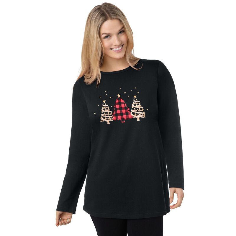 ウーマン ウィズイン レディース トップス Tシャツ プラスサイズ グラフィック Woman Within Plusize Holiday Graphic Tee Black Holiday Trees ブラック｜ReVida 店 8,626円