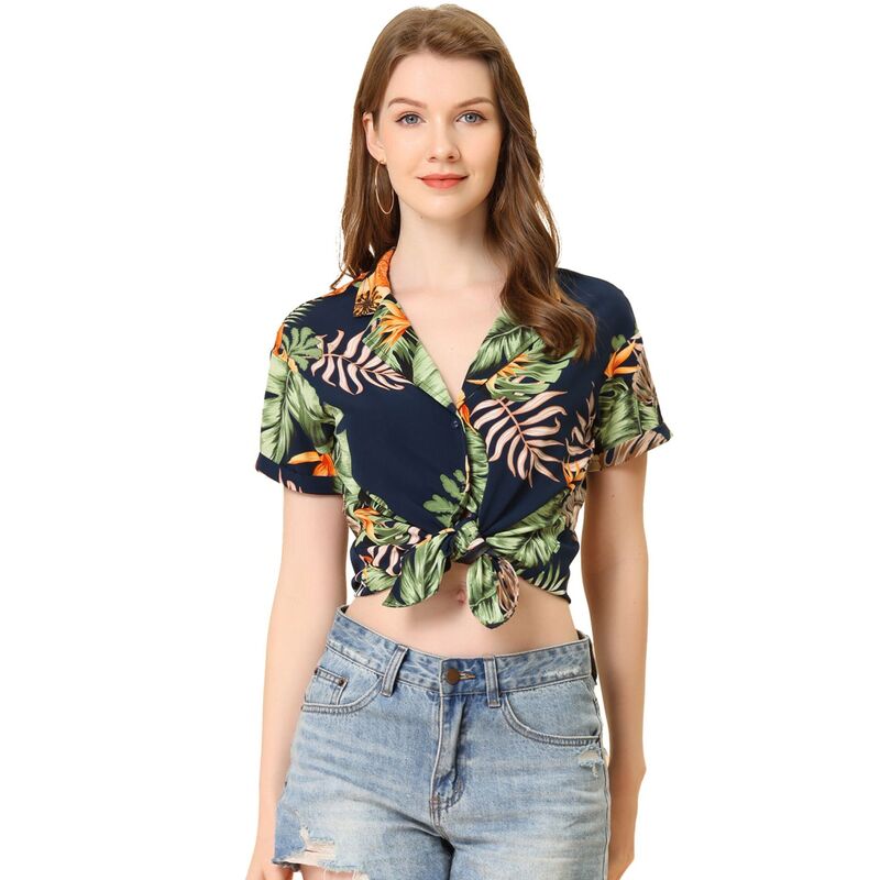 アレグラ ケー レディース トップス シャツ ボタンダウン フラワー柄 ダウン フラワー ALLEGRA K Women's Hawaiian Beach Floraleaves Button Down Shirt Navy Blue ネイビー