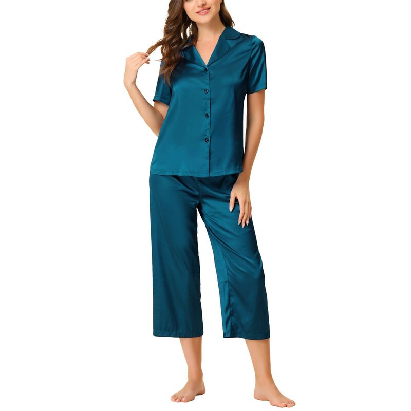 cheibear レディース アンダーウェア ナイトウェア パンツ サテン キャップ cheibear Women's Loungewear Tops and Capri Pantsatin Pajama Sets Peacock Blue ブルー