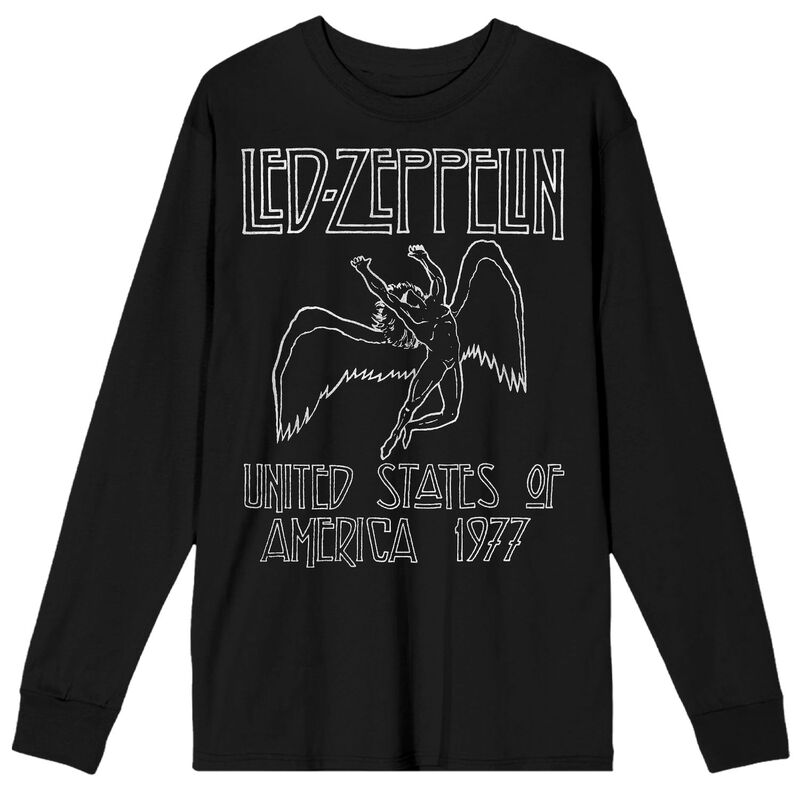 アニメ人となり メンズ トップス ティーシャツ グラフィック Licensed Character Men\u0027s Led Zeppelin Drawn Falling Icarus 1977 Tour Long Sleeve Graphic Tee Black 黒いこと メンズファッション-Tシャツ・カットソー-トップス
