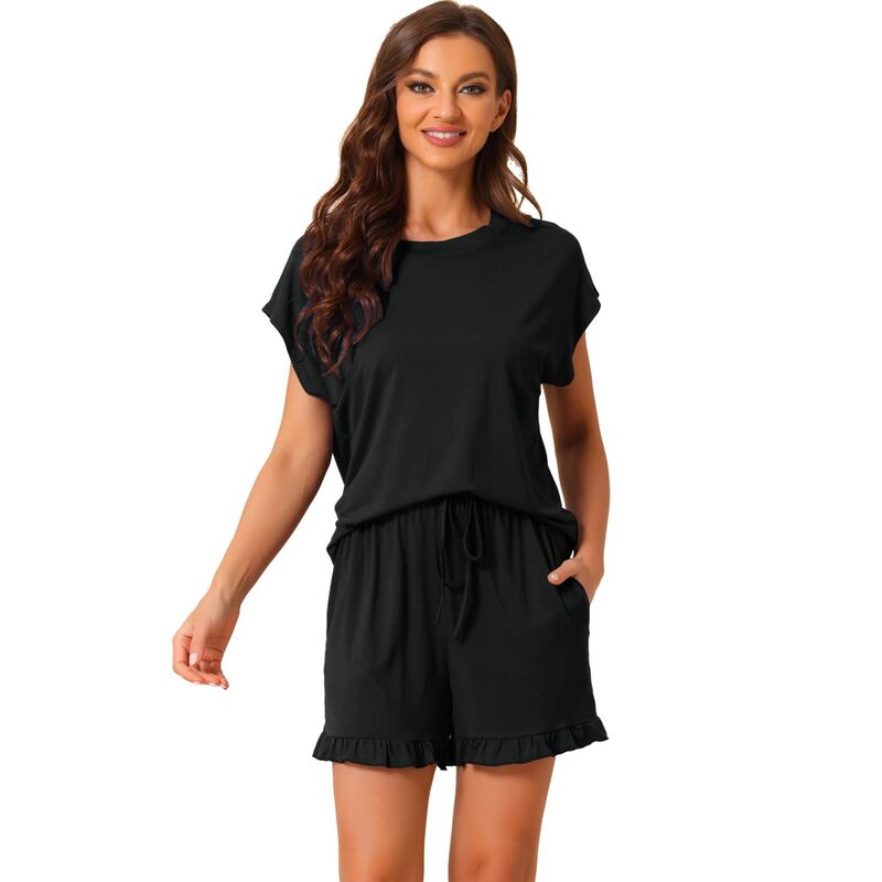 cheibear レディース アンダーウェア ナイトウェア フリル ショートパンツ cheibear Women's Pajama Ruffle Summer Outfitshort Sleeves Tops with Shorts Lounge Sets Black ブラック