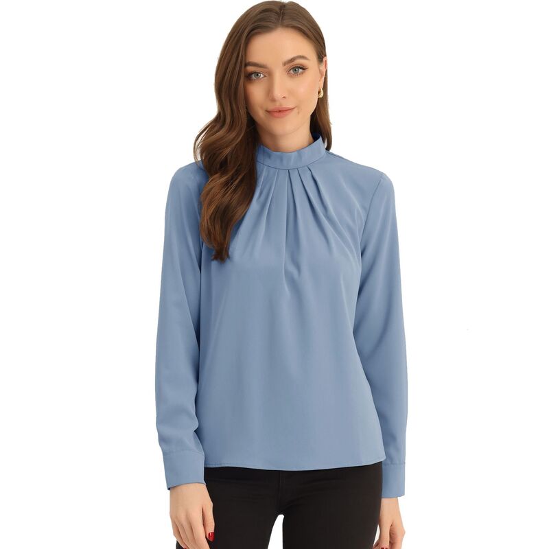 アレグラ ケー レディース トップス シャツ シフォン ブラウス ALLEGRA K Fall Winter Stand Collar Chiffon Blouse For Women Long Sleeve Business Casual Work Shirt Grey Blue グレー