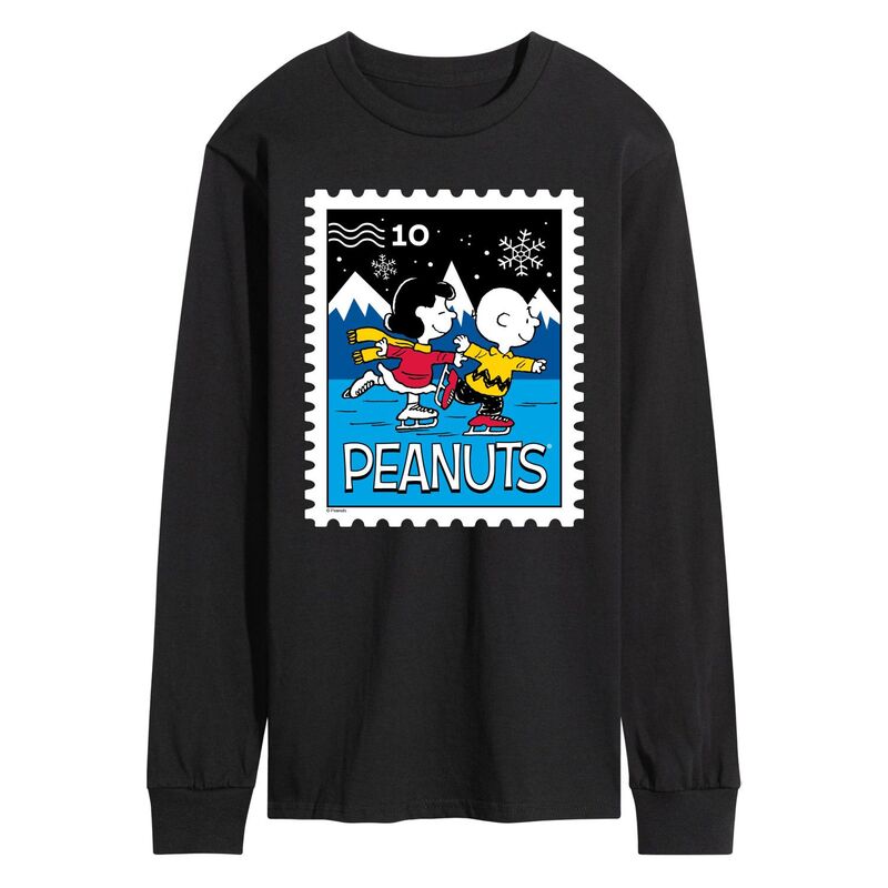 アニメキャラクター メンズ トップス Tシャツ グラフィック Licensed Character Men Peanuts Lucy \u0026 Charlie Ice Skating Stamp Long Sleeve Graphic Tee Black ブラック