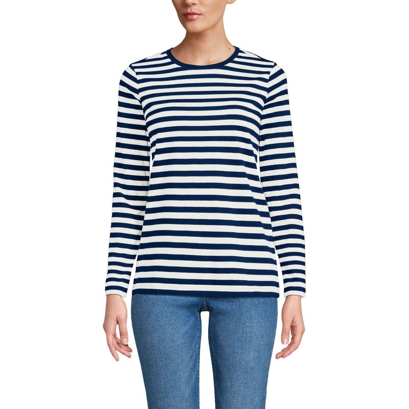 ランズエンド レディース トップス Tシャツ クルーネック コットン Women's Lands' End Relaxed-Fit Supima Long Sleeve Cotton Crewneck Tee Sea Navy Even Stripe ネイビー