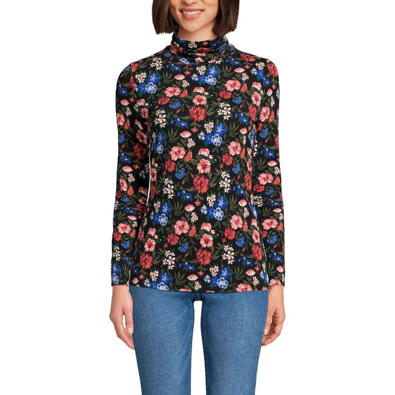 ランズエンド レディース トップス Tシャツ タートルネック Women's Lands' End Lightweight Fitted Turtleneck Black Multi Floral ブラック