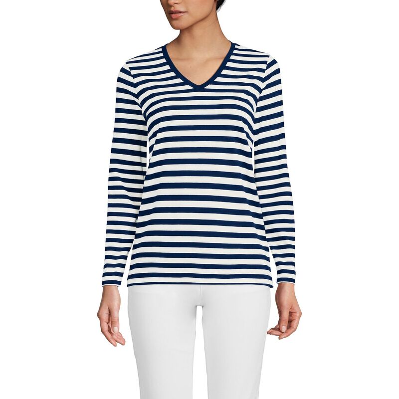 ランズエンド レディース トップス Tシャツ Vネック プチ コットン Petite Lands' End Supima Cotton Relaxed V-Neck Tee Sea Navy Even Stripe ネイビー