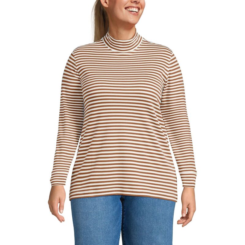 ランズエンド レディース トップス Tシャツ モックネック プラスサイズ Plusize Lands' End Relaxed Mockneck Top Ginger Ivory Stripe アイボリー