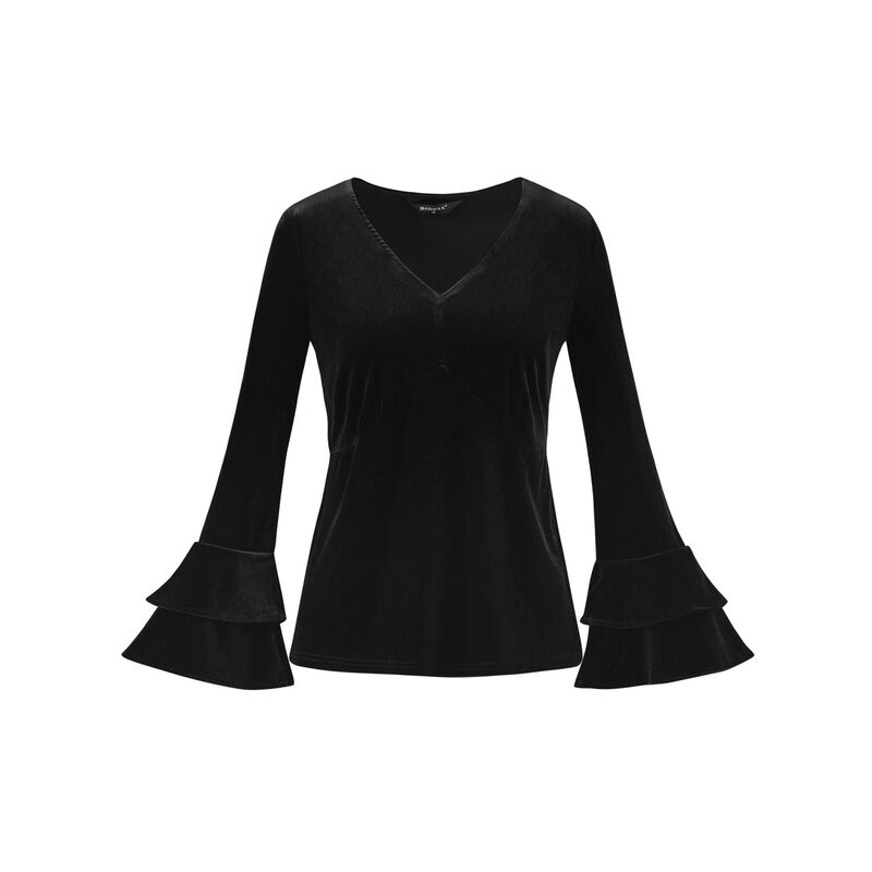 アレグラ ケー レディース トップス シャツ Vネック ベルベット ブラウス ALLEGRA K Women's V Neck Velvet Blouse Flare Long Sleeve Peplum Top Black ブラック