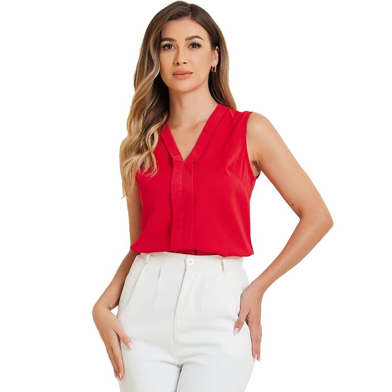 アレグラ ケー レディース トップス シャツ Vネック プリーツ ノースリーブラウス ALLEGRA K Women'sleeveless Pleated Front V Neck Work Office Blouses Red レッド