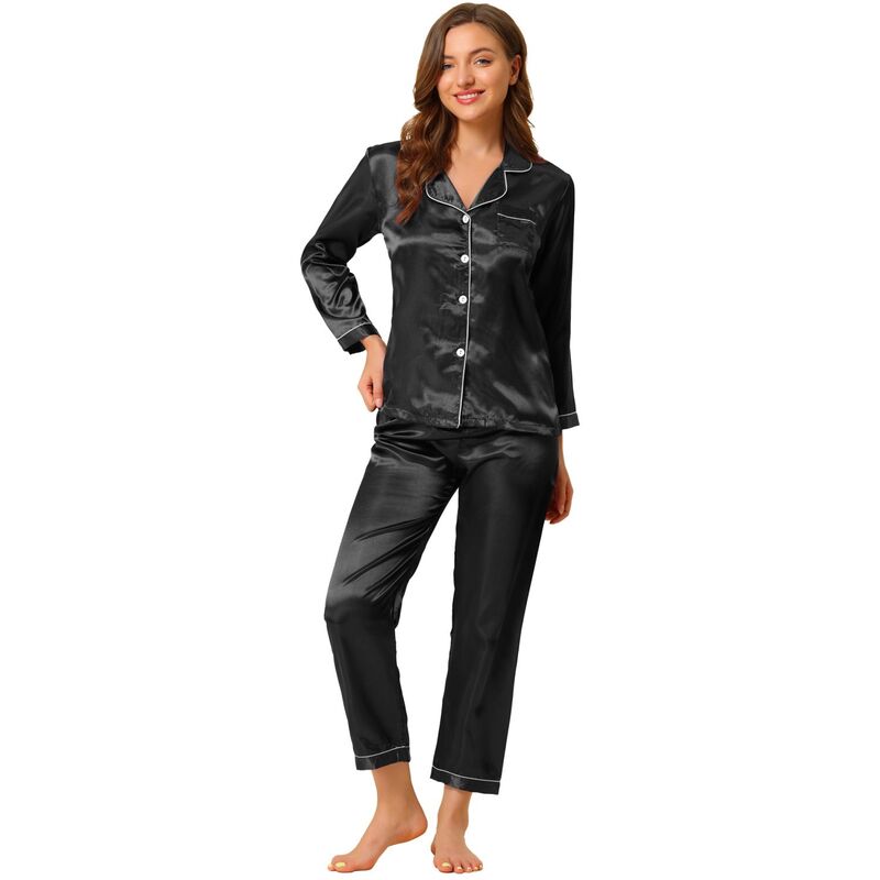 アレグラ ケー レディース アンダーウェア ナイトウェア ボタンダウン サテン シルク ダウン ALLEGRA K Women'satin 2pc Loungewear Button Down Smooth Silky Pajama Sets Black ブラック｜ReVida 店