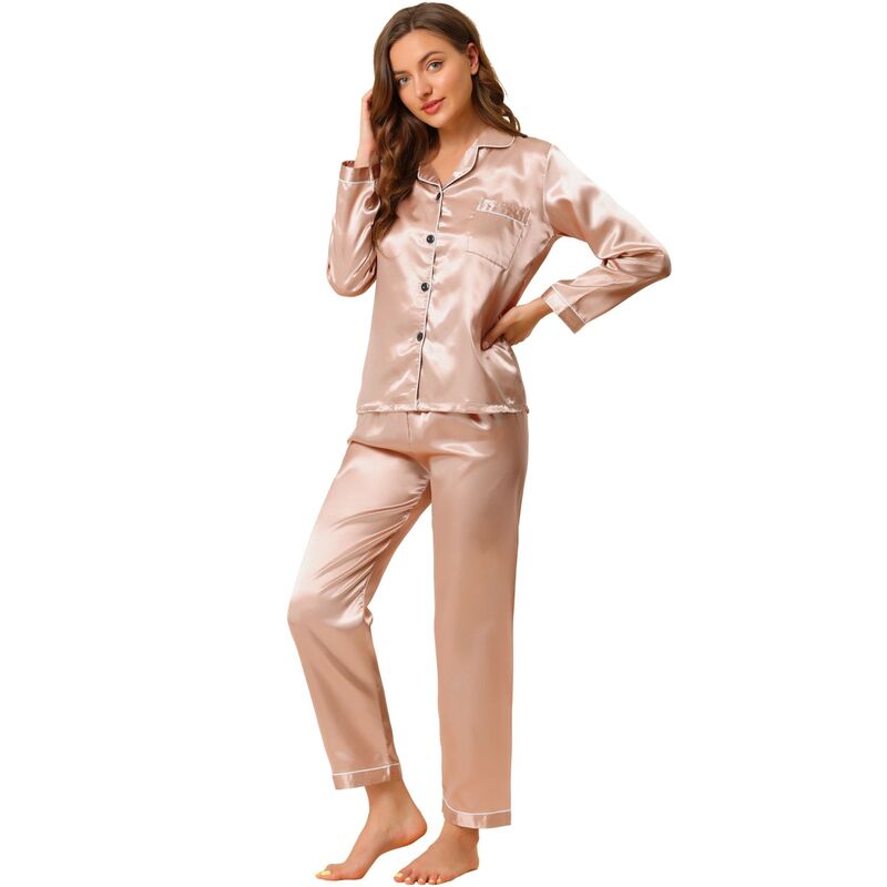 アレグラ ケー レディース アンダーウェア ナイトウェア ボタンダウン サテン シルク ダウン ALLEGRA K Women'satin 2pc Loungewear Button Down Smooth Silky Pajama Sets Champagne シャンパン｜ReVida 店