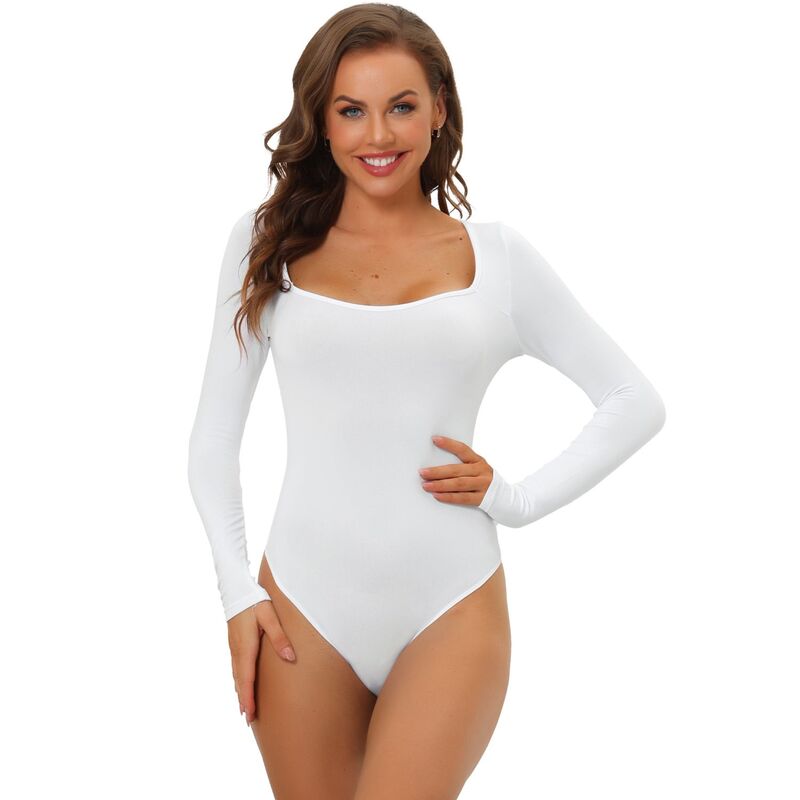 アレグラ ケー レディース トップス シャツ スリムフィット ボディースーツ ジャンプスーツ ALLEGRA K Women's Long Sleeve Bodysuit Shapewear Slim Fit Stretchy Square Neck Leotard Jumpsuitops White ホワイト