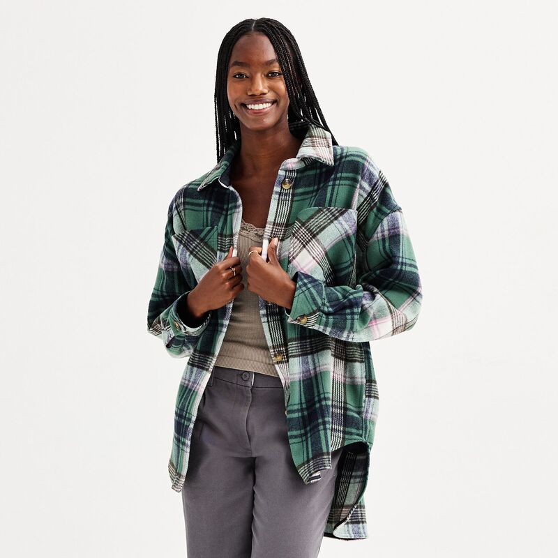 エスオー レディース アウター ジャケット・ブルゾン Juniors' SO Plaid Oversized Button-Up Shacket Green Plaid グリーン