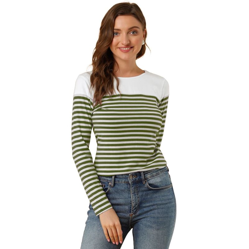 アレグラ ケー レディース トップス プルオーバー ALLEGRA K Women\u0027s Color Block Long Sleeve Striped Causal T-Shirt Army Green 緑であること