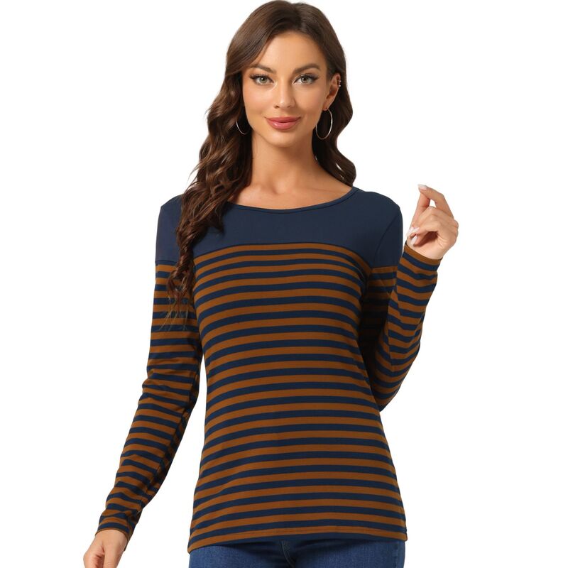 アレグラ ケー レディース トップス シャツ ALLEGRA K Women's Color Block Long Sleeve Striped Causal T-Shirt Blue Brown ブルー 7,906円