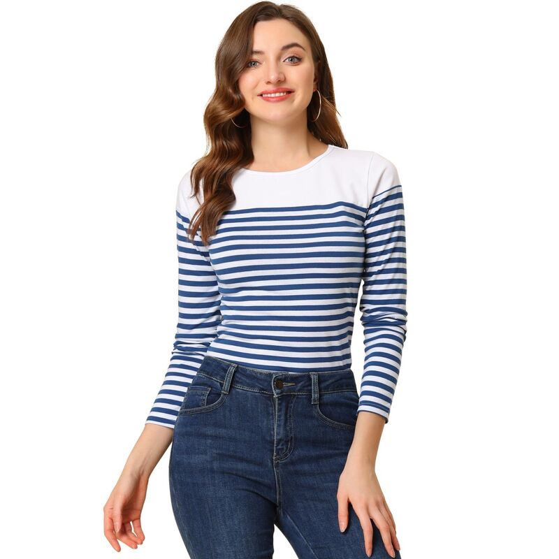 アレグラ ケー レディース トップス シャツ ALLEGRA K Women's Color Block Long Sleeve Striped Causal T-Shirt Blue White ホワイト 8,125円