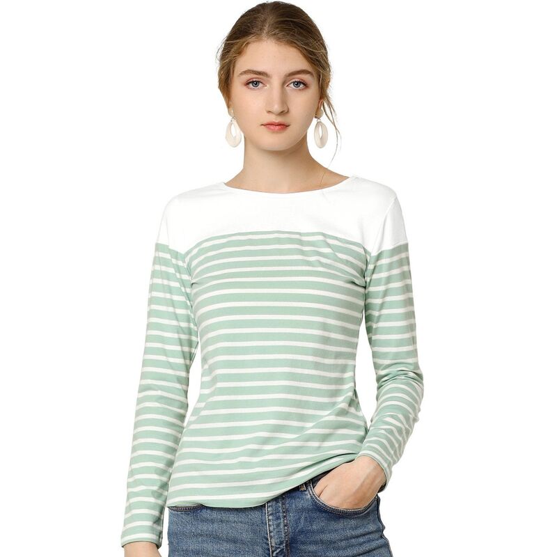 アレグラ ケー レディース トップス プルオーバー ALLEGRA K Women\u0027s Color Block Long Sleeve Striped Causal T-Shirt Light Green 緑であること