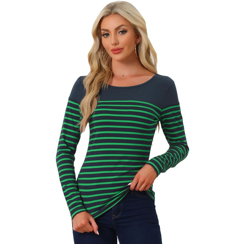 アレグラ ケー レディース トップス プルオーバー ALLEGRA K Women\u0027s Color Block Long Sleeve Striped Causal T-Shirt Navy Blue Green 米国海軍