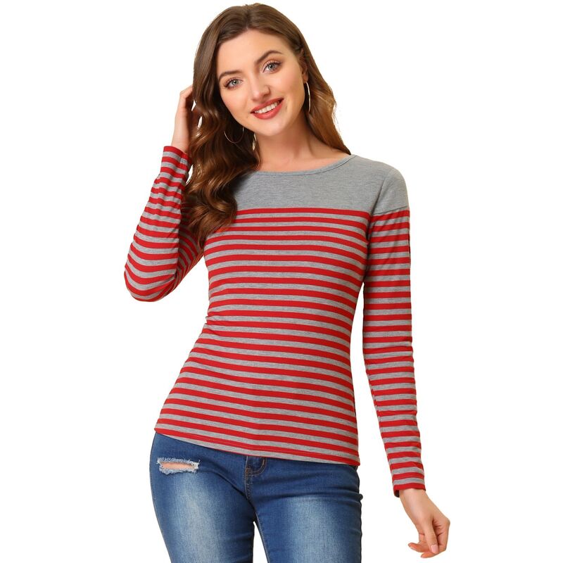 アレグラ ケー レディース トップス プルオーバー ALLEGRA K Women\u0027s Color Block Long Sleeve Striped Causal T-Shirt Red Gray 薄墨色