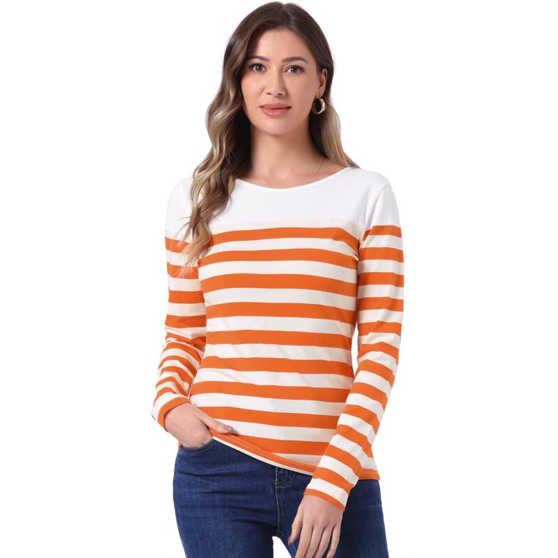 アレグラ ケー レディース トップス プルオーバー ALLEGRA K Women\u0027s Color Block Long Sleeve Striped Causal T-Shirt White Orange 白いこと
