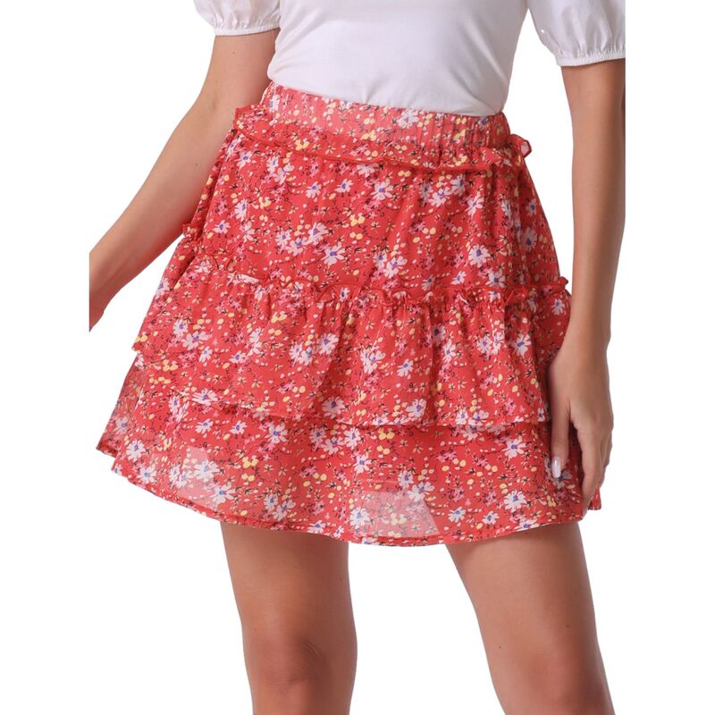 アレグラ ケー レディース ボトムスカート フリル裾 シフォン A ライン フラワー柄 フリル フラワー ALLEGRA K Women's Layered Ruffle Hem Chiffon Elastic Waist A-line Floral Skirt Red レッド