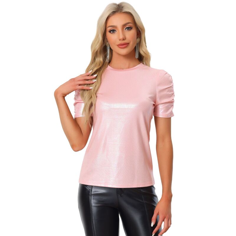 アレグラ ケー レディース トップス Tシャツ ALLEGRA K Women's Glitter Twistop Round Neck Puffy Sleeve Stretch Casual T-Shirt Pink ピンク｜ReVida 店